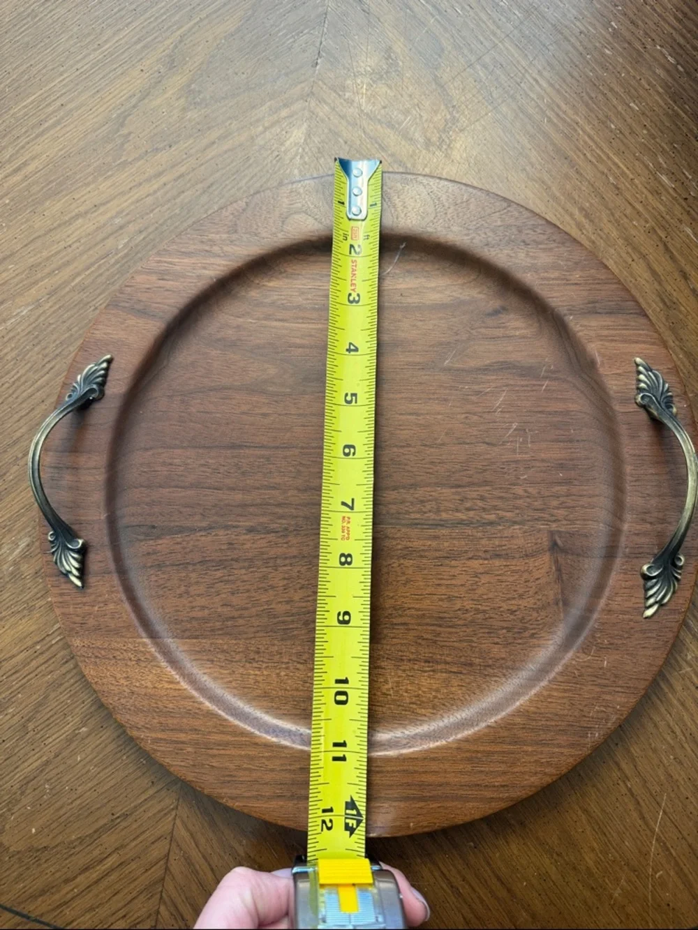 Ozark Walnutware Solid Walnut Round Wood Serving Tray Brass Leaf Handles Vintage